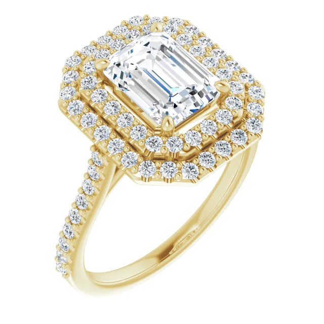 Emerald Double Halo Yellow Gold Moissanite Engagement Ring 