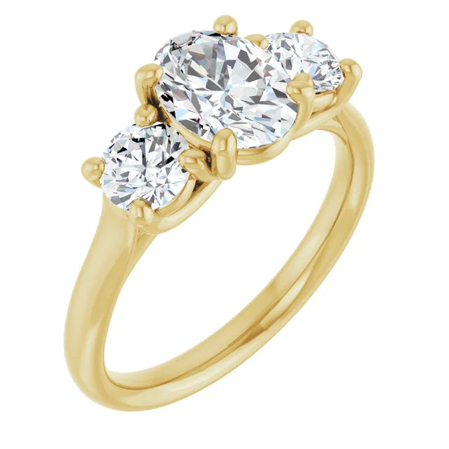 Oval Yellow Gold Tri Stone Moissanite Engagement Ring