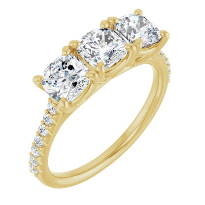 Cushion Tri -Stone Style Engagement Ring