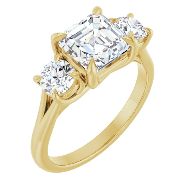 Asscher Yellow Gold Tri Stone Moissanite Engagement Ring 
