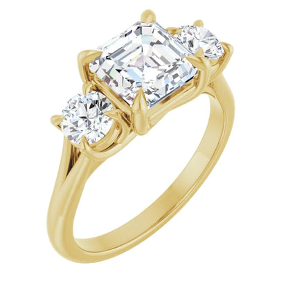 Asscher Yellow Gold Tri Stone Moissanite Engagement Ring 