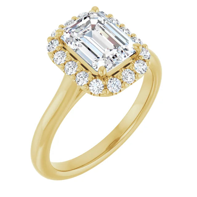 Emerald Halo Solitaire Yellow Gold Moissanite Engagement Ring 