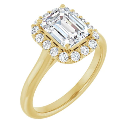 Emerald Halo Solitaire Yellow Gold Moissanite Engagement Ring 