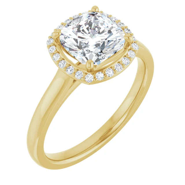 Yellow Gold Cushion Halo Solitaire Engagement Ring. Moissanite  