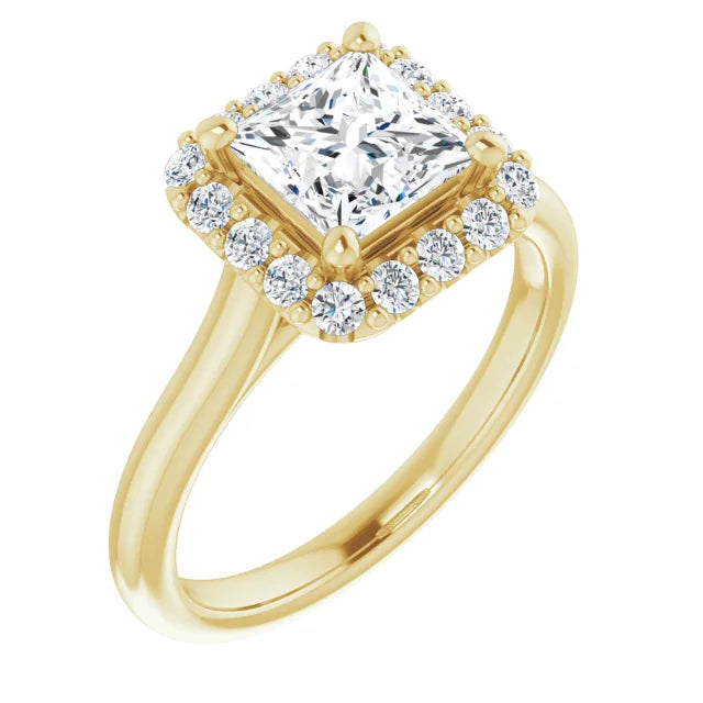 Princess Halo Solitaire Yellow Gold Moissanite Engagement Ring 