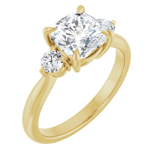 Cushion Yellow Gold Tri Stone Moissanite Engagement Ring 