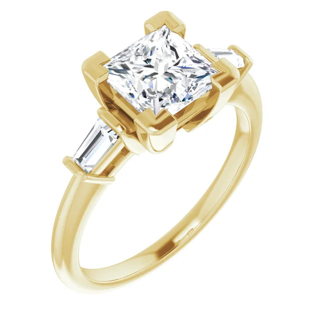 Princess Yellow Gold Baguette Accent Moissanite Engagement Ring 