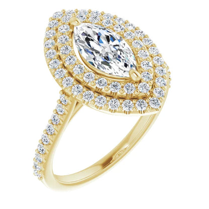 Marquise Double Halo Yellow Gold Moissanite Engagement Ring 