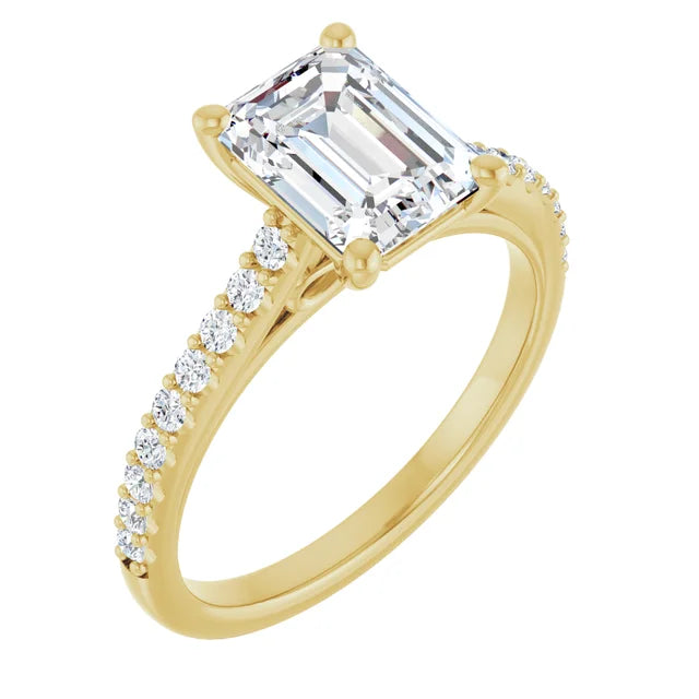 Emerald Yellow Gold Pave Style Moissanite Engagement Ring 