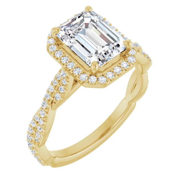 Emerald Yellow Gold Halo Twist Pave Moissanite Engagement Ring 