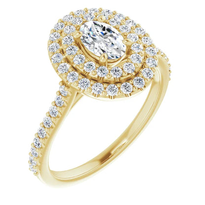 Oval Double Halo Yellow Gold Lab Diamond Engagement Ring 