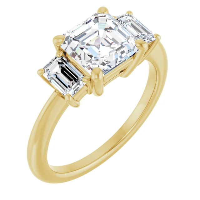 Asscher Yellow Gold Tri Stone Moissanite Engagement Ring 