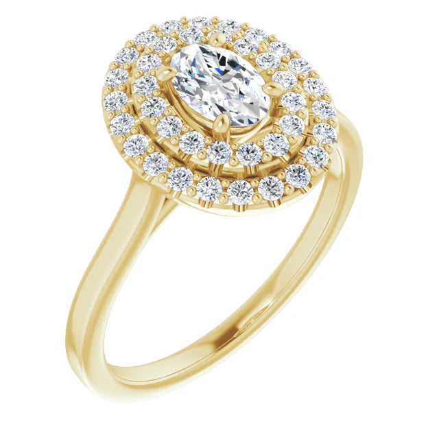 Oval Yellow Gold Double Halo Solitaire Moissanite Engagement Ring 