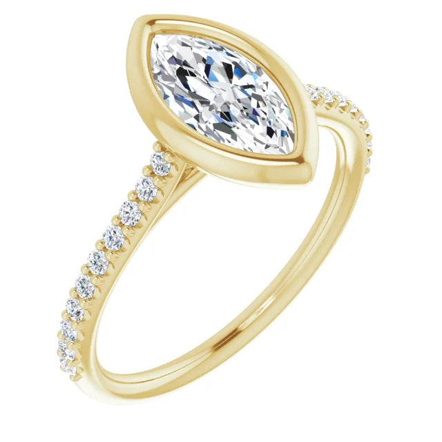 Marquise Yellow Gold Bezel Pave Moissanite Engagement Ring 