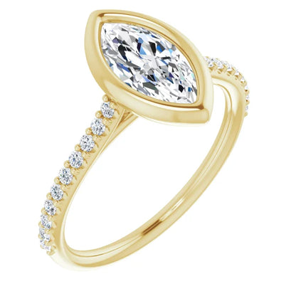 Marquise Yellow Gold Bezel Pave Moissanite Engagement Ring 
