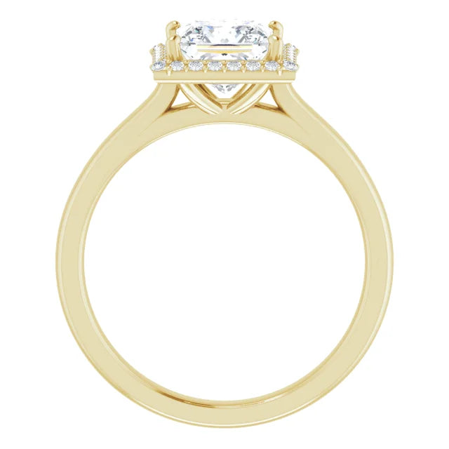 Yellow Gold Princess Halo Solitaire Engagement Ring. Moissanite  