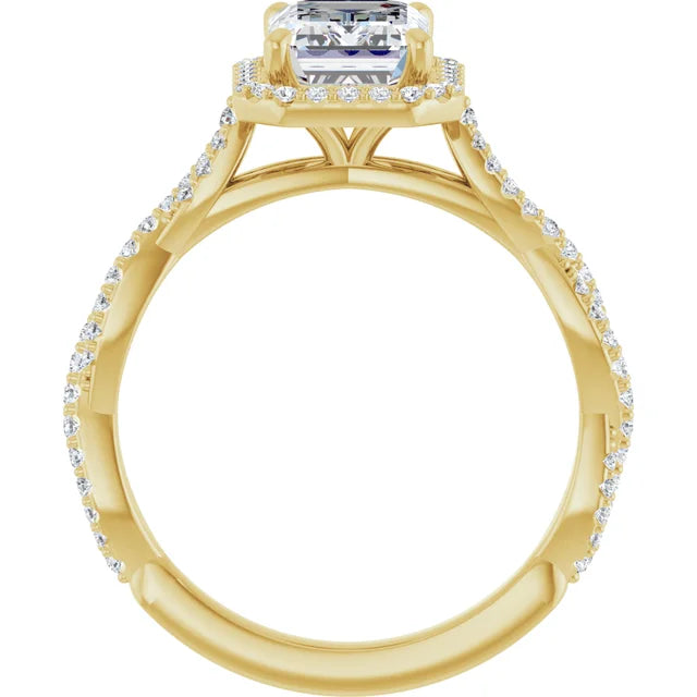 Emerald Yellow Gold Halo Twist Pave Moissanite Engagement Ring 