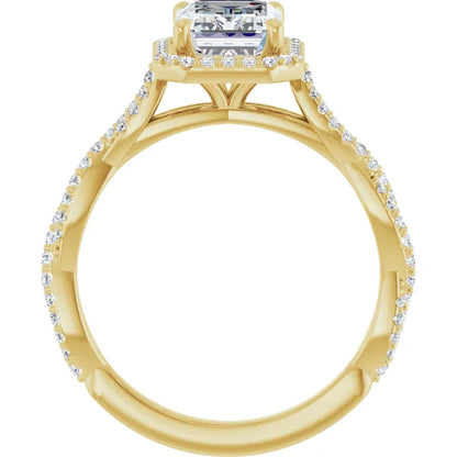 Emerald Yellow Gold Halo Twist Pave Moissanite Engagement Ring 