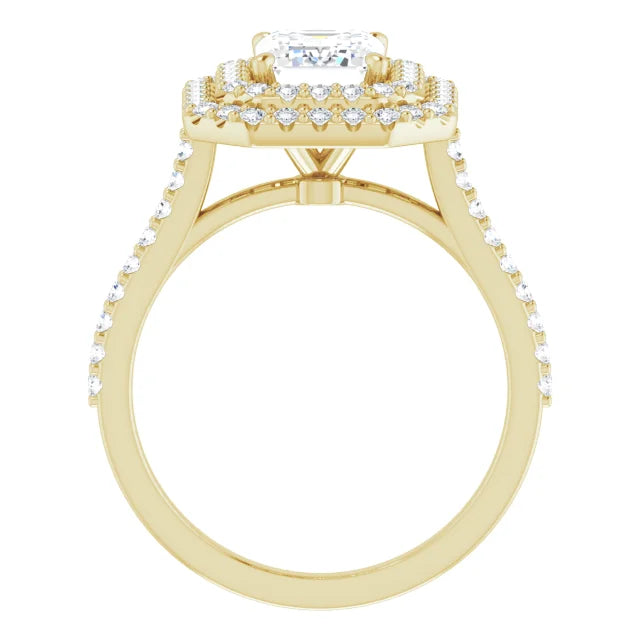 Emerald Double Halo Yellow Gold Moissanite Engagement Ring 