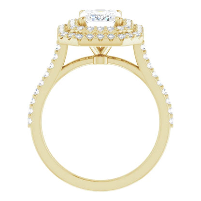 Emerald Double Halo Yellow Gold Moissanite Engagement Ring 