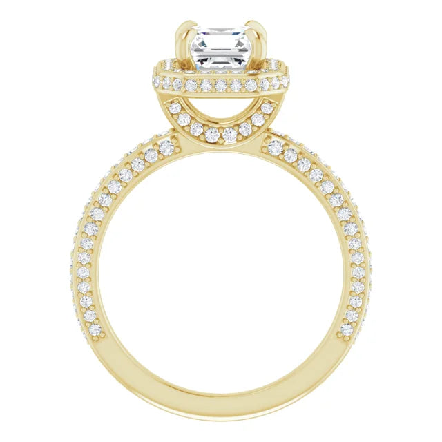 Asscher Yellow Gold Halo Pave Style Moissanite Engagement Ring 