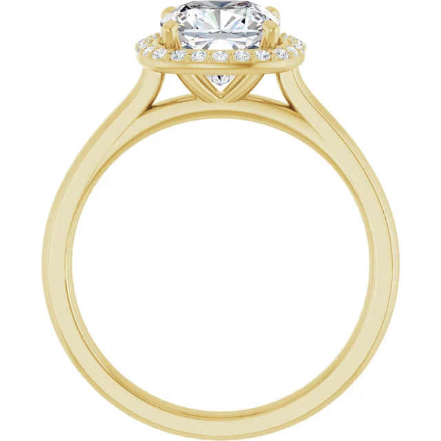 Yellow Gold Cushion Halo Solitaire Engagement Ring. Moissanite  