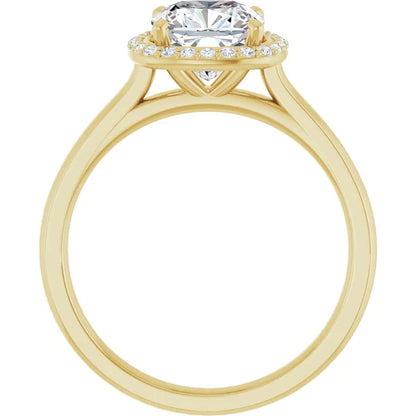 Yellow Gold Cushion Halo Solitaire Engagement Ring. Moissanite  