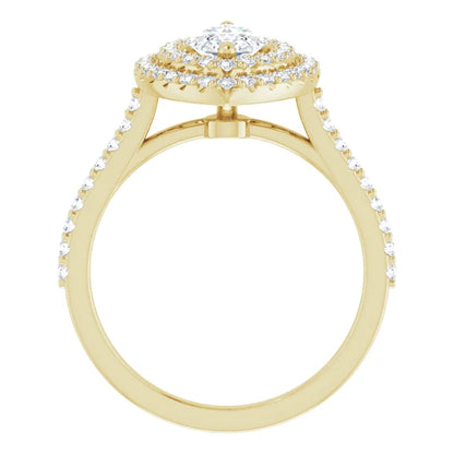 Marquise Double Halo Yellow Gold Moissanite Engagement Ring 