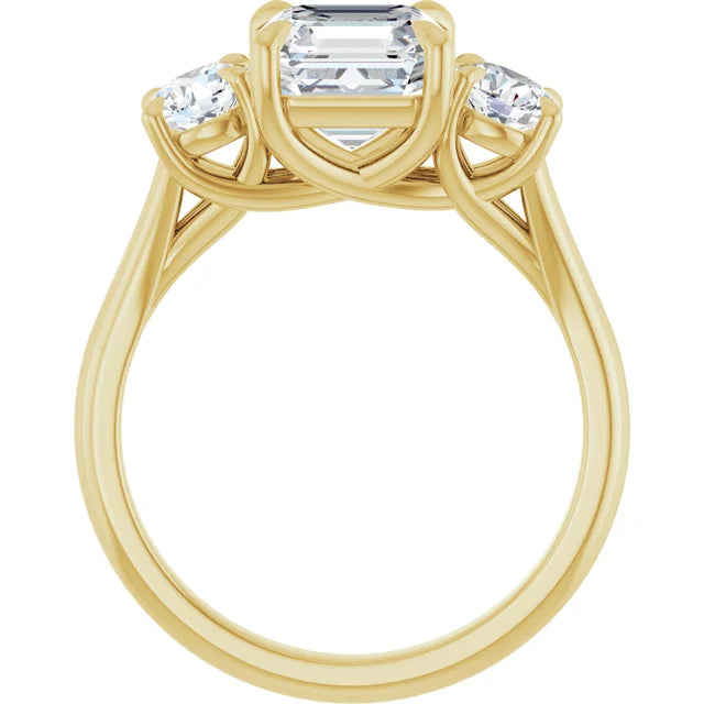 Asscher Yellow Gold Tri Stone Moissanite Engagement Ring 