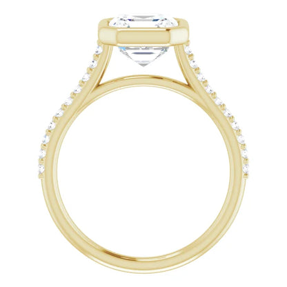 Asscher Yellow Gold Bezel Pave Moissanite Engagement Ring 