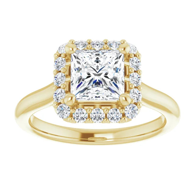 Princess Halo Solitaire Yellow Gold Moissanite Engagement Ring 