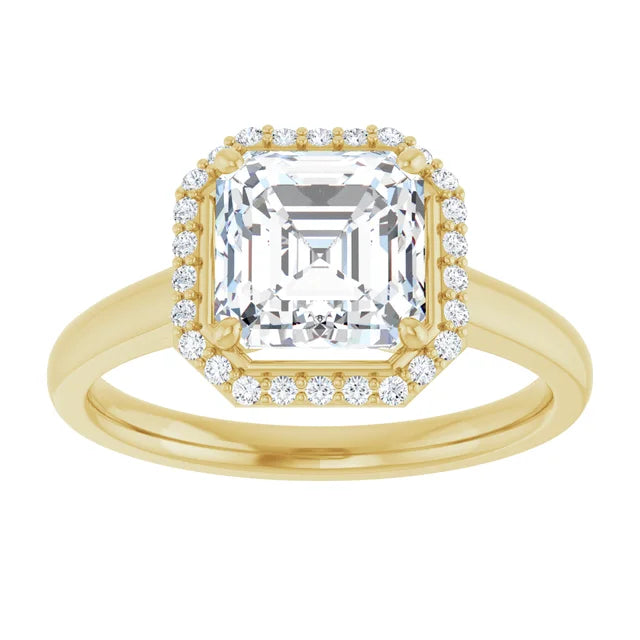 Asscher Halo Solitaire Engagement Ring Yellow Gold. Moissanite
