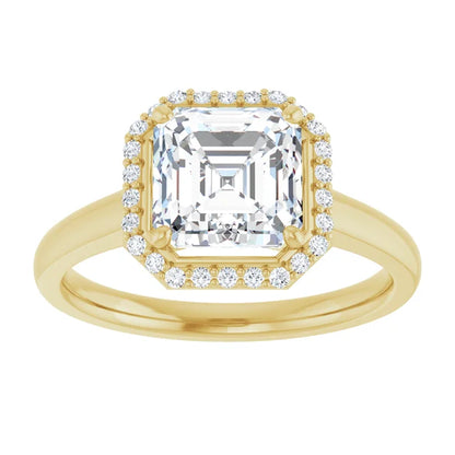 Asscher Halo Solitaire Engagement Ring Yellow Gold. Moissanite