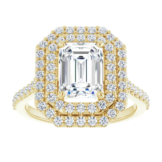Emerald Double Halo Yellow Gold Moissanite Engagement Ring 