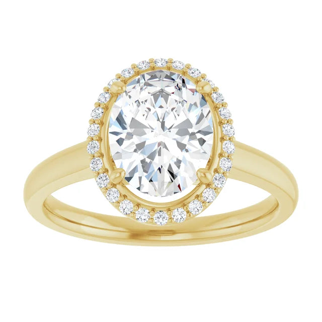 Yellow Gold Oval Halo Solitaire Engagement Ring. Moissanite  