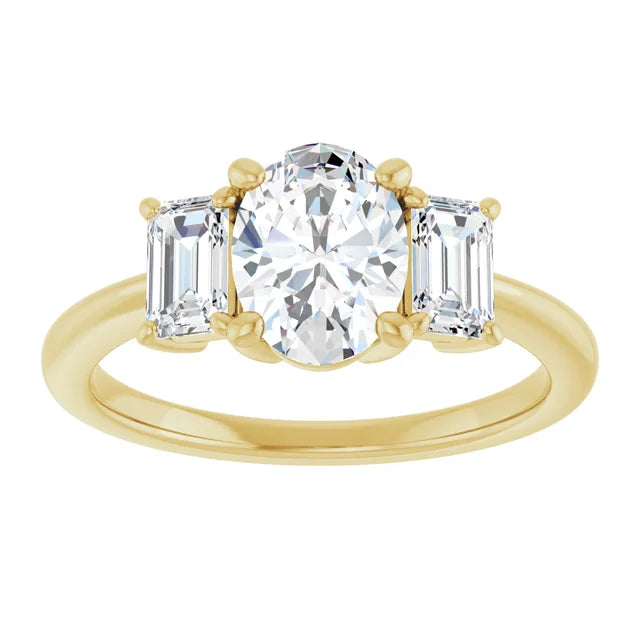 Oval Yellow Gold Tri Stone Moissanite Engagement Ring 
