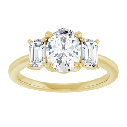 Oval Yellow Gold Tri Stone Moissanite Engagement Ring 