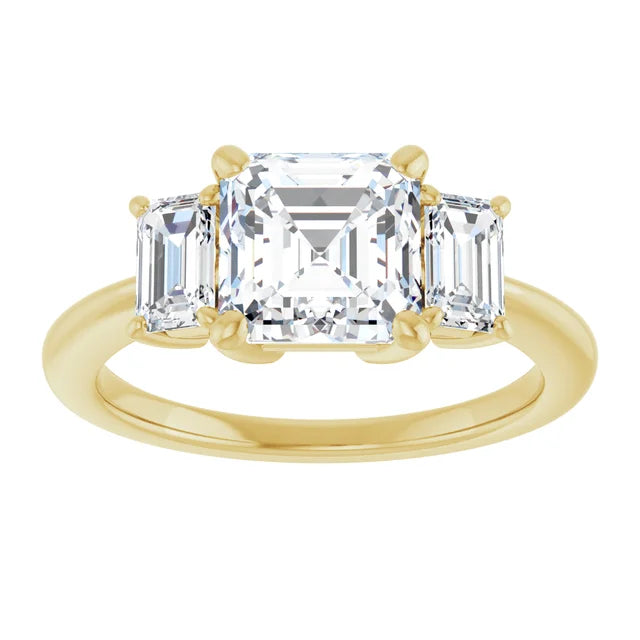 Asscher Yellow Gold Tri Stone Moissanite Engagement Ring 
