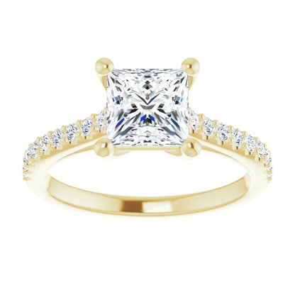 Princess Yellow Gold Pave Style Moissanite Engagement Ring 