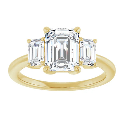 Emerald Yellow Gold Tri Stone Moissanite Engagement Ring 