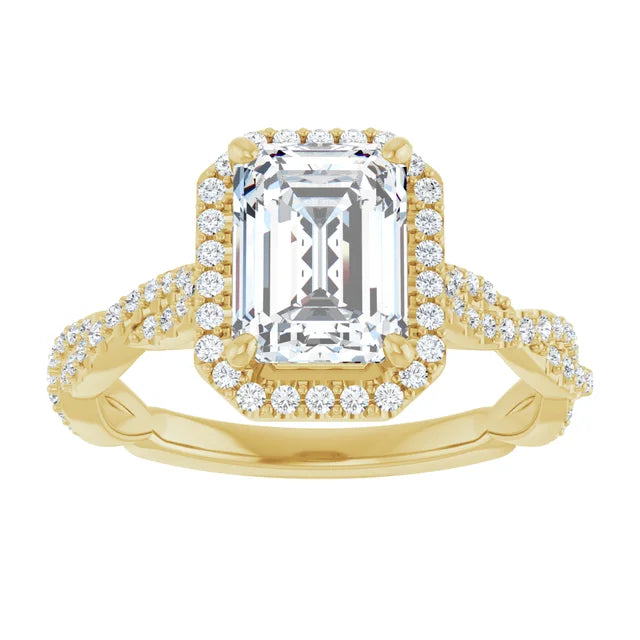 Emerald Yellow Gold Halo Twist Pave Moissanite Engagement Ring 
