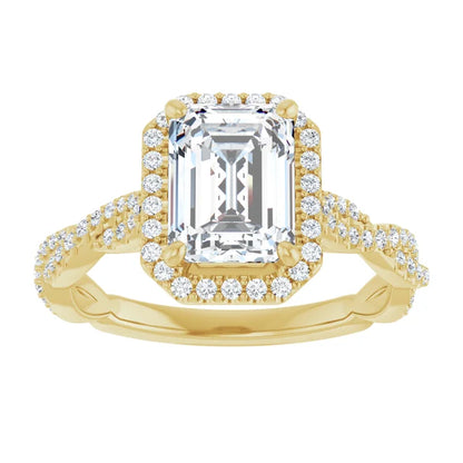 Emerald Yellow Gold Halo Twist Pave Moissanite Engagement Ring 