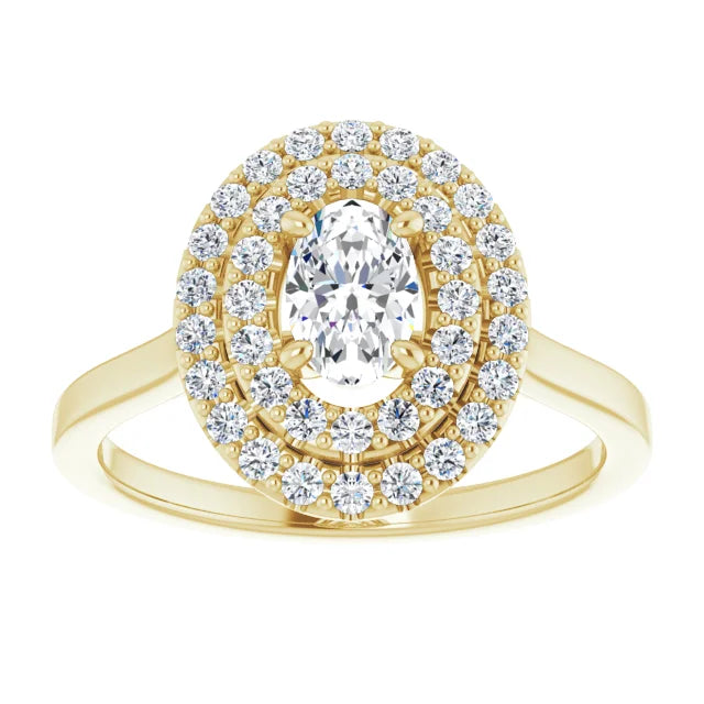 Oval Yellow Gold Double Halo Solitaire Moissanite Engagement Ring 