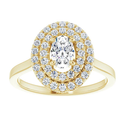 Oval Yellow Gold Double Halo Solitaire Moissanite Engagement Ring 