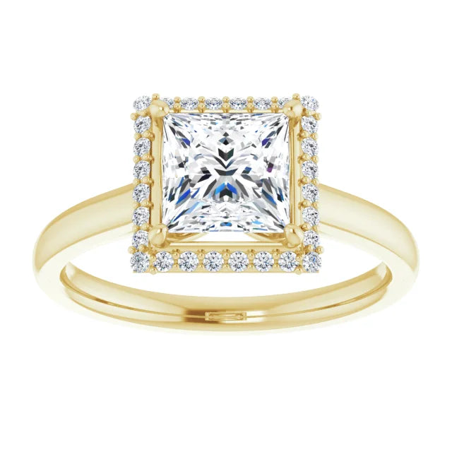 Yellow Gold Princess Halo Solitaire Engagement Ring. Moissanite  