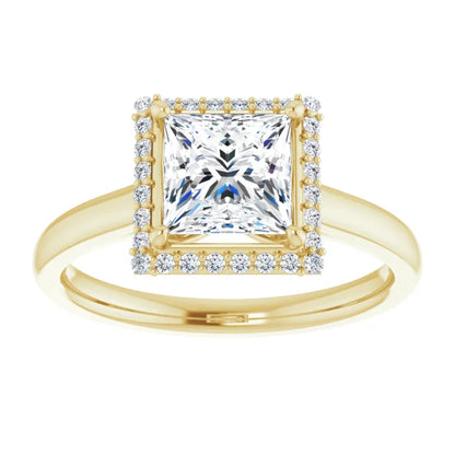 Yellow Gold Princess Halo Solitaire Engagement Ring. Moissanite  