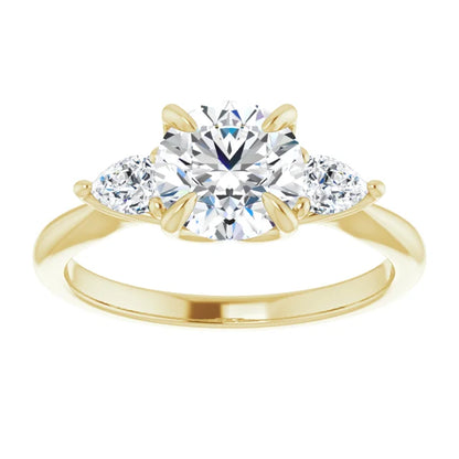 Round Brilliant Tri -Stone Style Pear Accent Engagement Ring