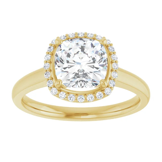 Yellow Gold Cushion Halo Solitaire Engagement Ring. Moissanite  