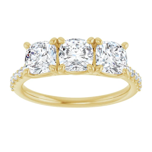 Cushion Tri -Stone Style Engagement Ring