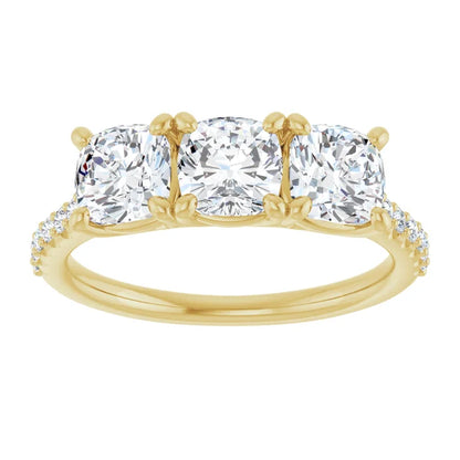 Cushion Tri -Stone Style Engagement Ring